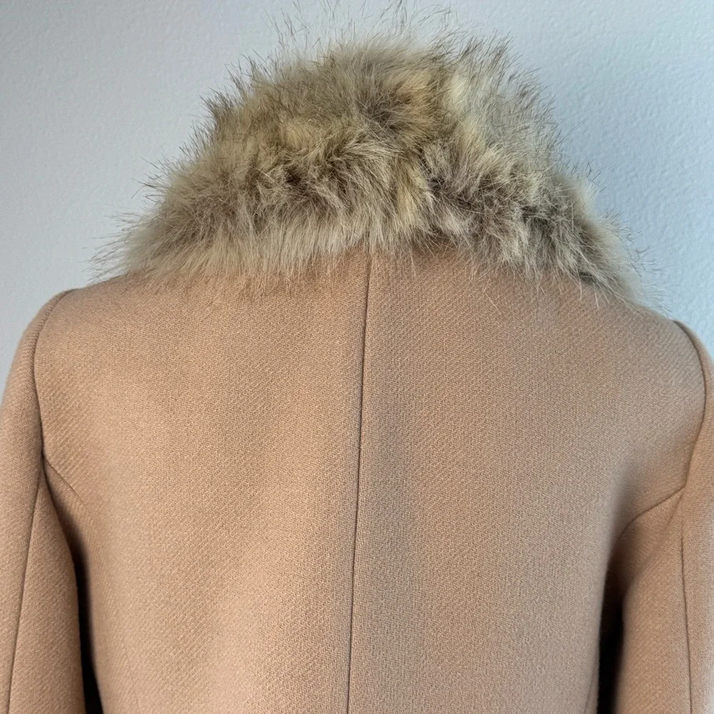 Zara Wool Blend Mid Length Coat Size M Faux Fur Removable Collar Camel Tan - Picture 6 of 17